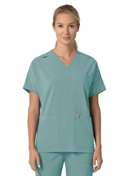Women's Four-Pocket Oversized V-Neck Top - C13110 - Summer Blue