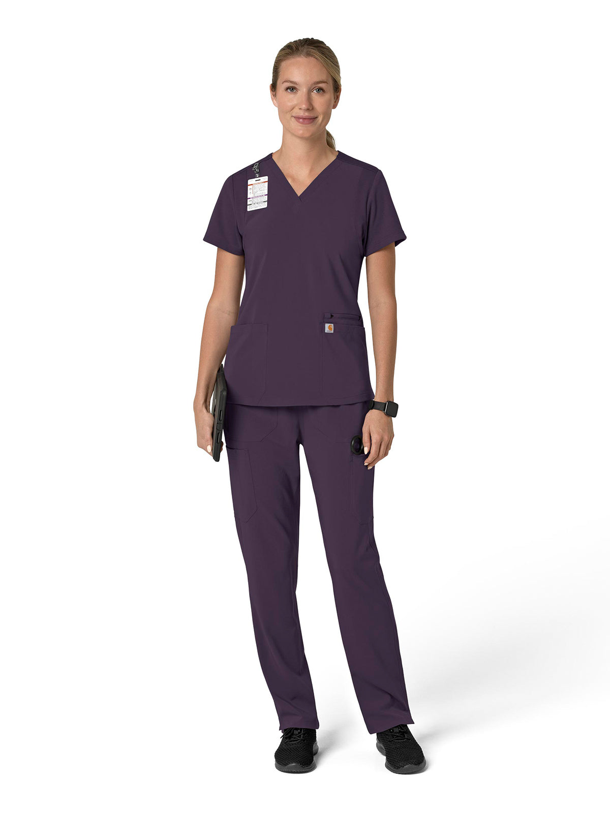 Women's Three-Pocket Flex Panel V-Neck Top - C13210 - Black Plum