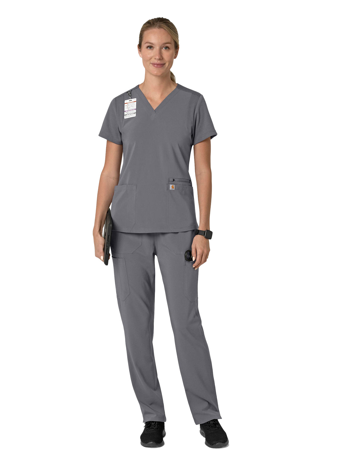 Women's Three-Pocket Flex Panel V-Neck Top - C13210 - Pewter