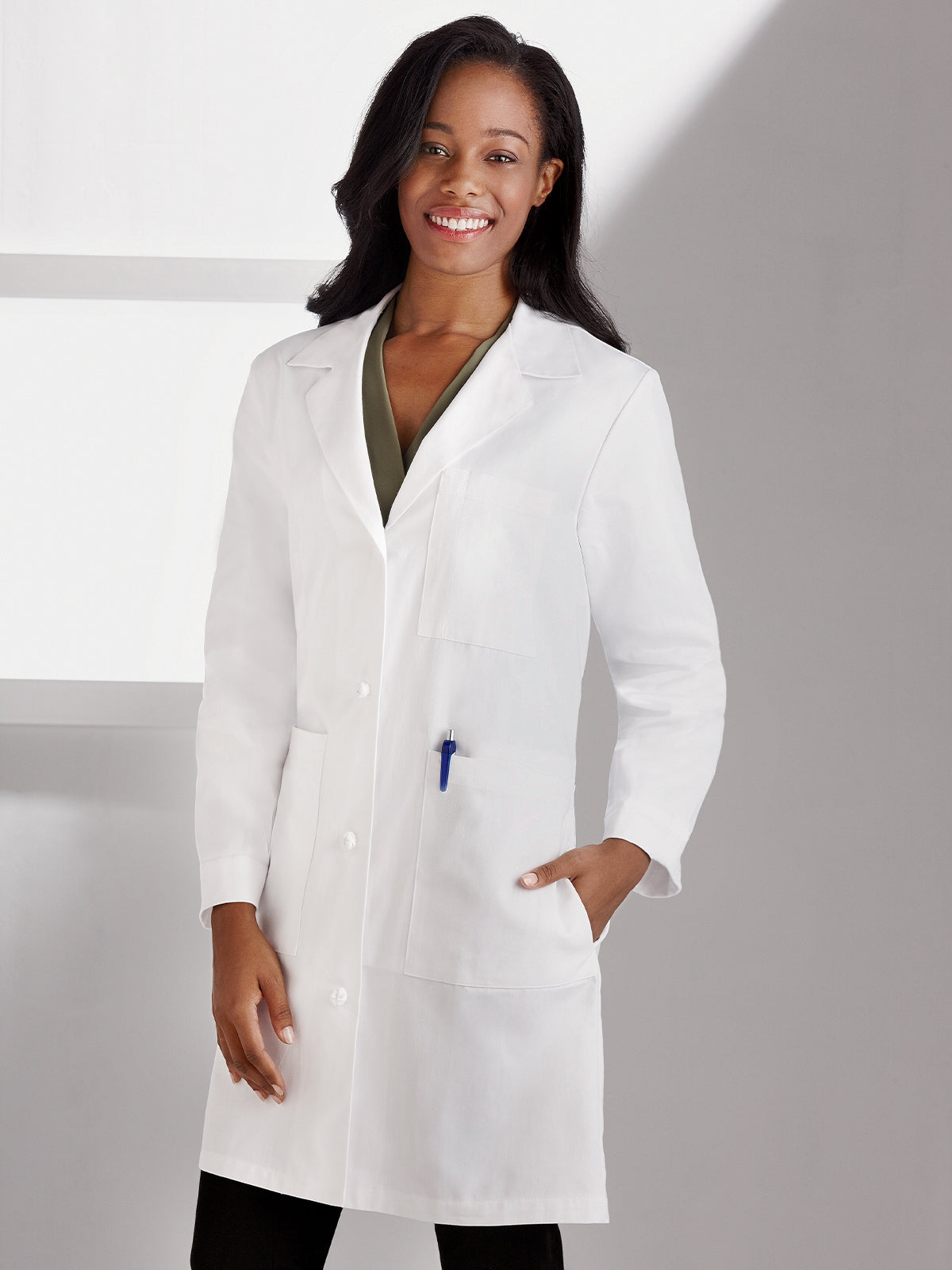 Women's Knot Button Five-Pocket 38" iPad® Lab Coat - 763 - White
