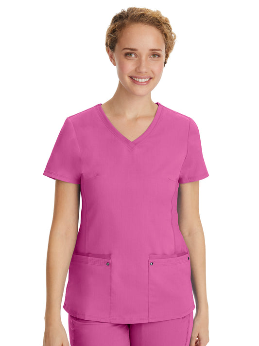Women's 2-Pocket Juliet Stylish V-Neck Top - 2245 - Shocking Pink