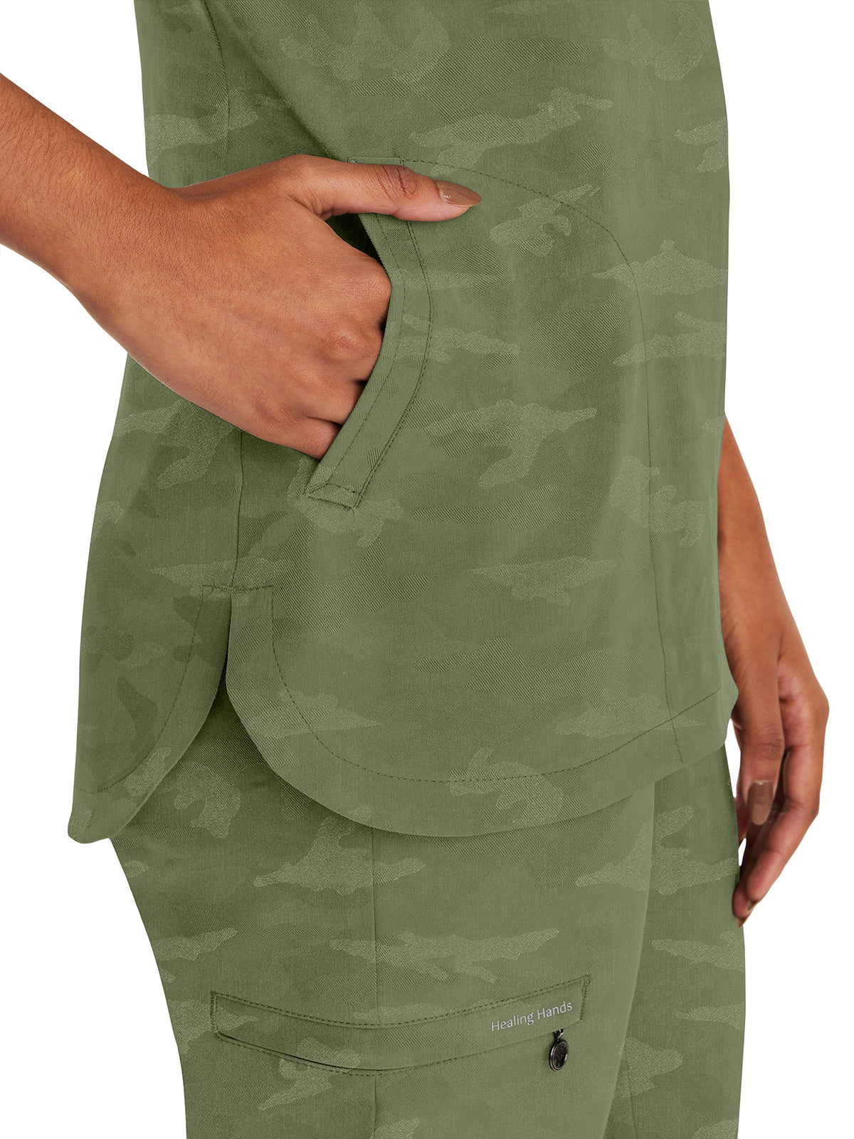 Women's 2-Pocket Joy Camo V-Neck Top - 2353 - Olive