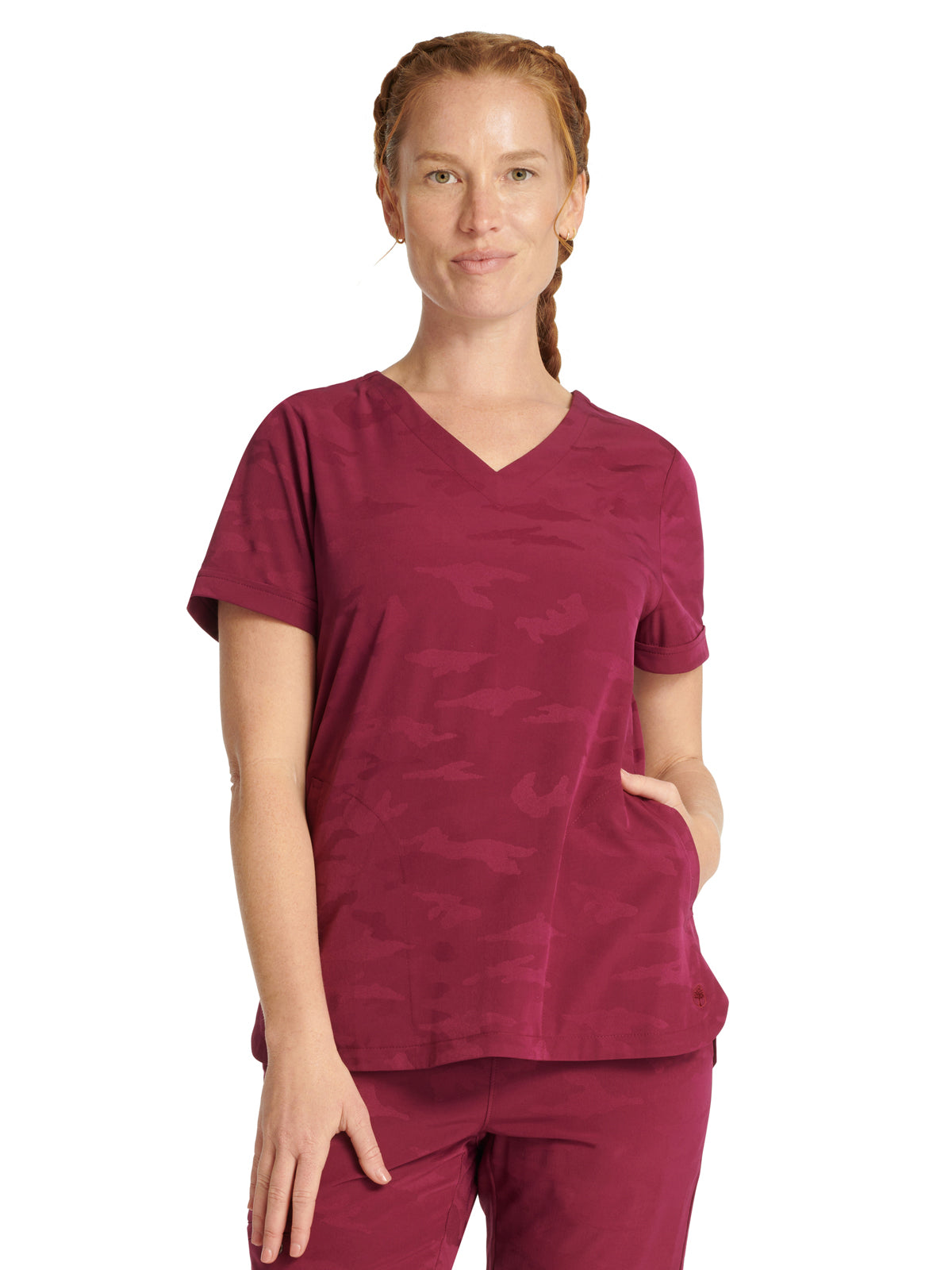 Women's 2-Pocket Joy Camo V-Neck Top - 2353 - Wine