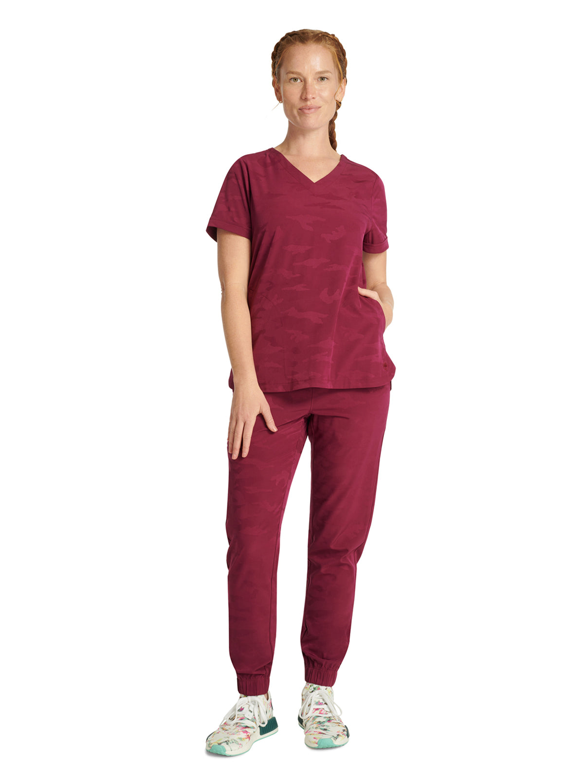 Women's 2-Pocket Joy Camo V-Neck Top - 2353 - Wine