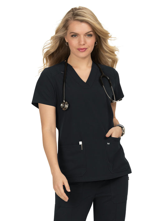Women's 3-Pocket Wide V-Neck Stretch Hustle and Heart Top - 1019 - Black