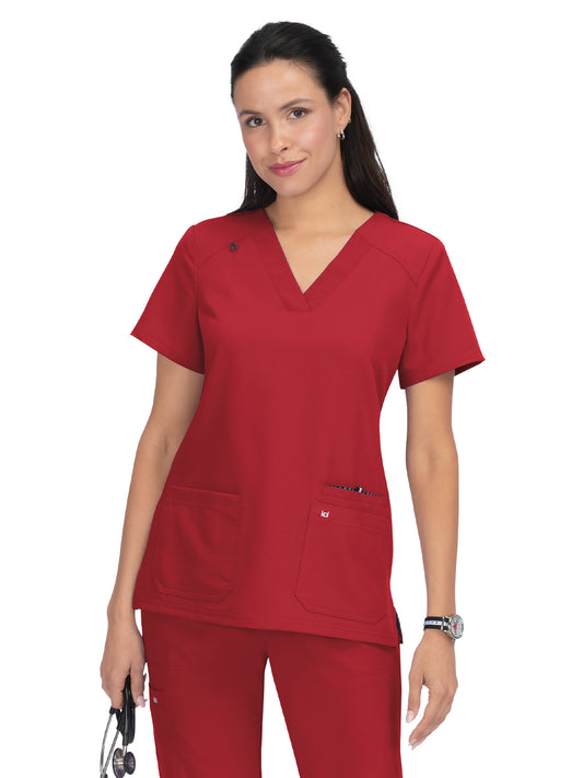 Women's 3-Pocket Wide V-Neck Stretch Hustle and Heart Top - 1019 - Ruby