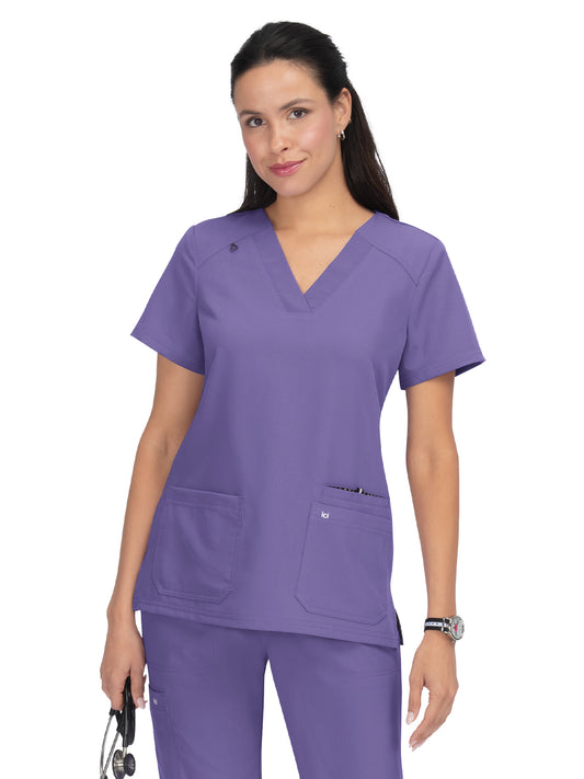 Women's 3-Pocket Wide V-Neck Stretch Hustle and Heart Top - 1019 - Wisteria