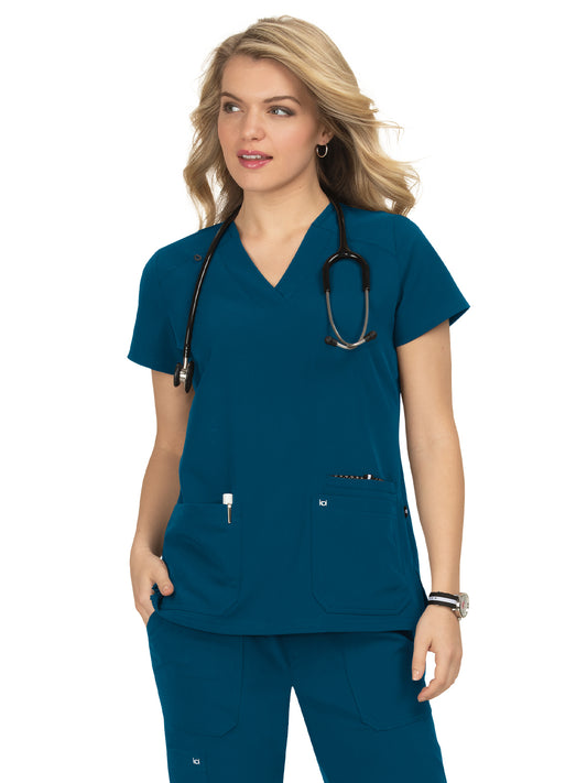 Women's 3-Pocket Wide V-Neck Stretch Hustle and Heart Top - 1019 - Caribbean Blue