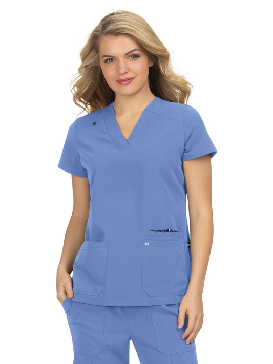 Women's 3-Pocket Wide V-Neck Stretch Hustle and Heart Top - 1019 - True Ceil