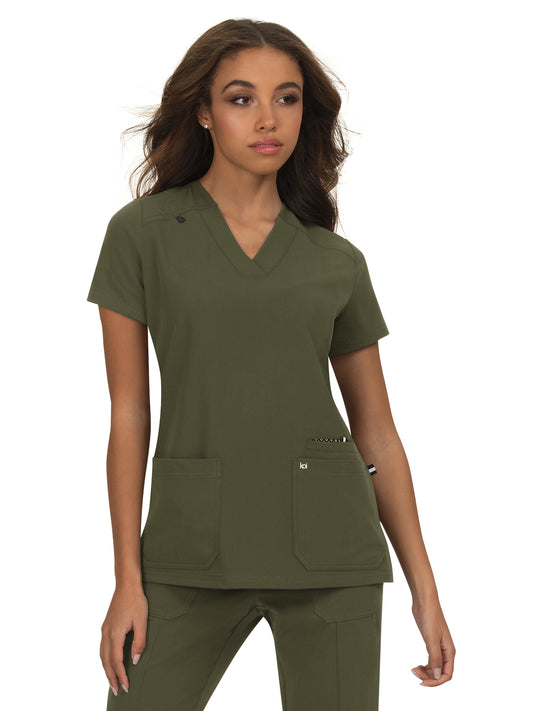 Women's 3-Pocket Wide V-Neck Stretch Hustle and Heart Top - 1019 - Olive Green
