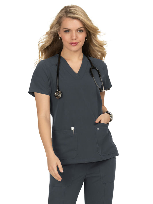 Women's 3-Pocket Wide V-Neck Stretch Hustle and Heart Top - 1019 - Charcoal