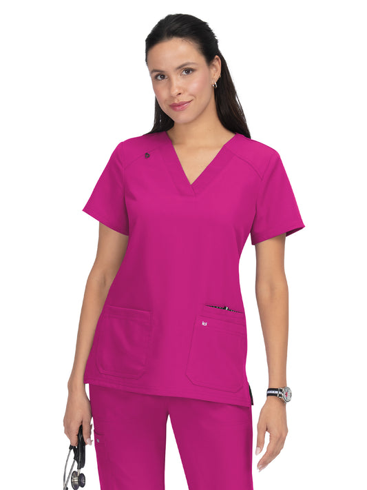 Women's 3-Pocket Wide V-Neck Stretch Hustle and Heart Top - 1019 - Azalea Pink
