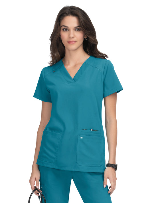 Women's 3-Pocket Wide V-Neck Stretch Hustle and Heart Top - 1019 - Teal