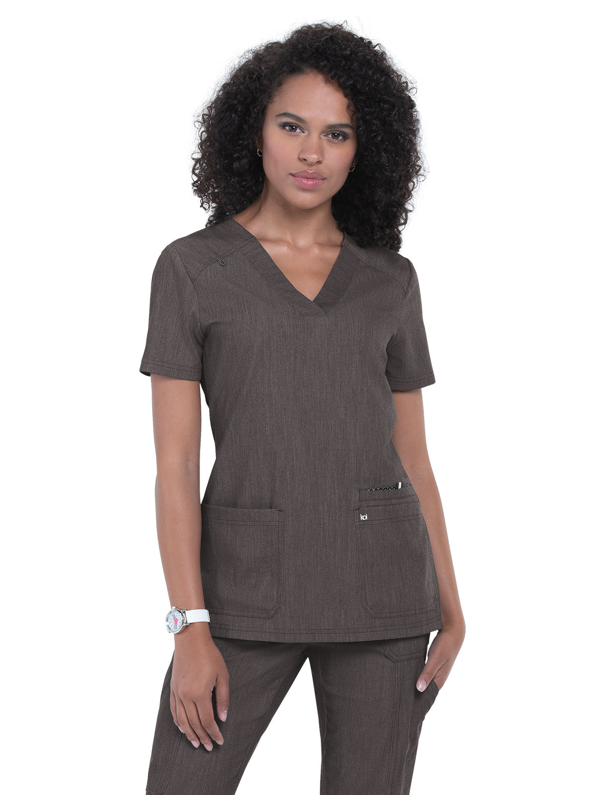 Women's 3-Pocket Wide V-Neck Stretch Hustle and Heart Top - 1019 - Heather Grey
