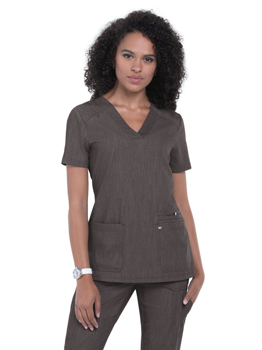 Women's 3-Pocket Wide V-Neck Stretch Hustle and Heart Top - 1019 - Heather Grey