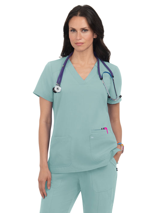 Women's 3-Pocket Wide V-Neck Stretch Hustle and Heart Top - 1019 - Sage