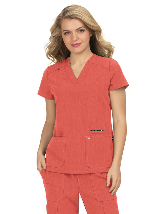 Women's 3-Pocket Wide V-Neck Stretch Hustle and Heart Top - 1019 - Heather Coral