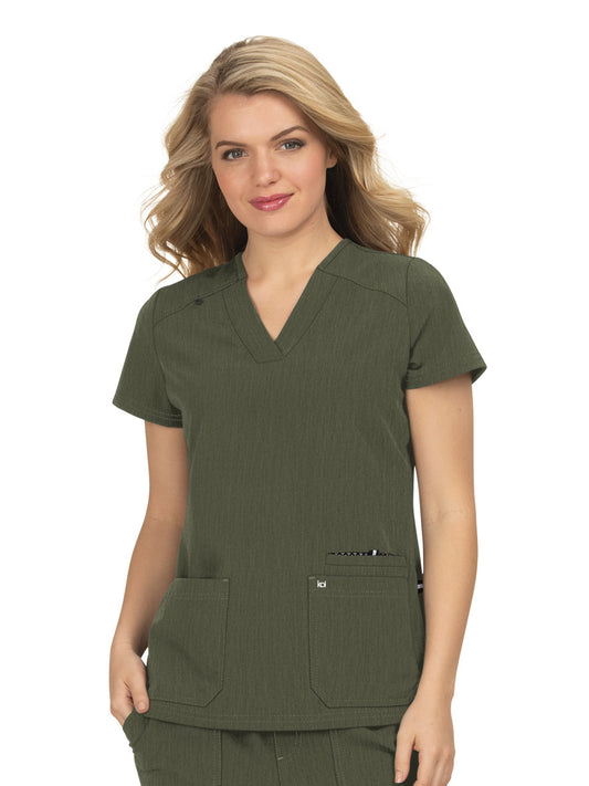 Women's 3-Pocket Wide V-Neck Stretch Hustle and Heart Top - 1019 - Heather Olive