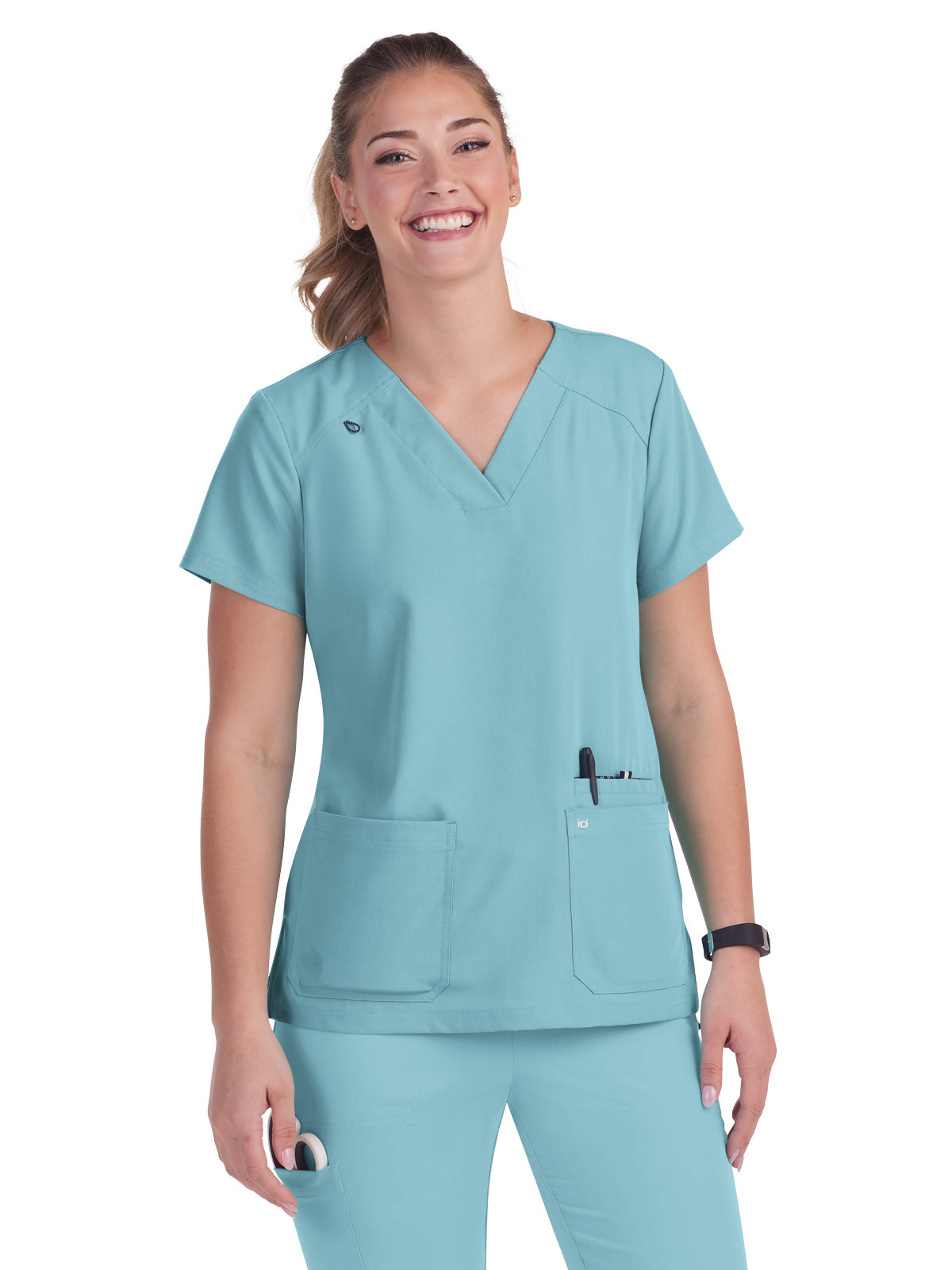 Women's 3-Pocket Wide V-Neck Stretch Hustle and Heart Top - 1019 - Sea Glass