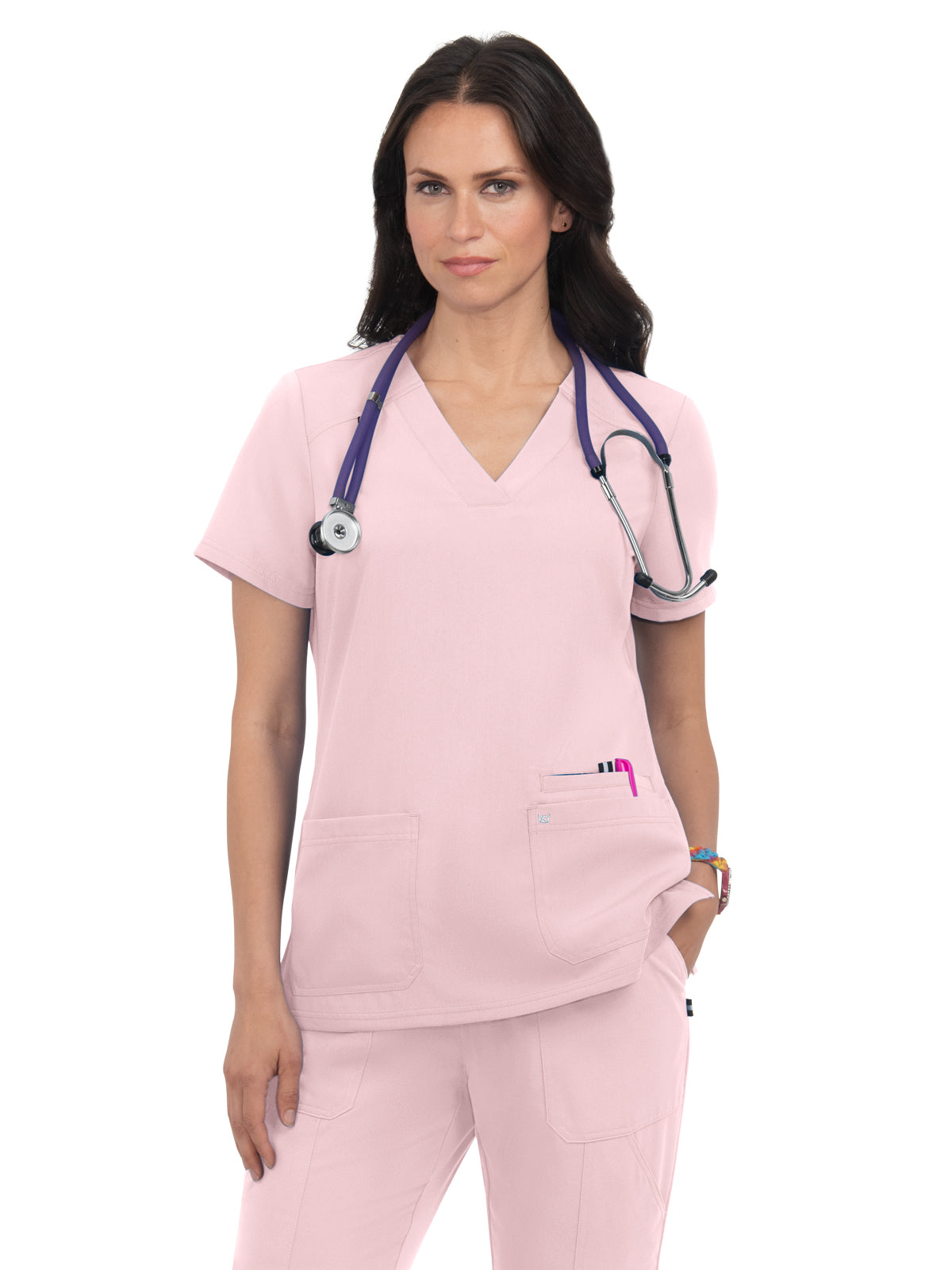 Women's 3-Pocket Wide V-Neck Stretch Hustle and Heart Top - 1019 - Pink Dream