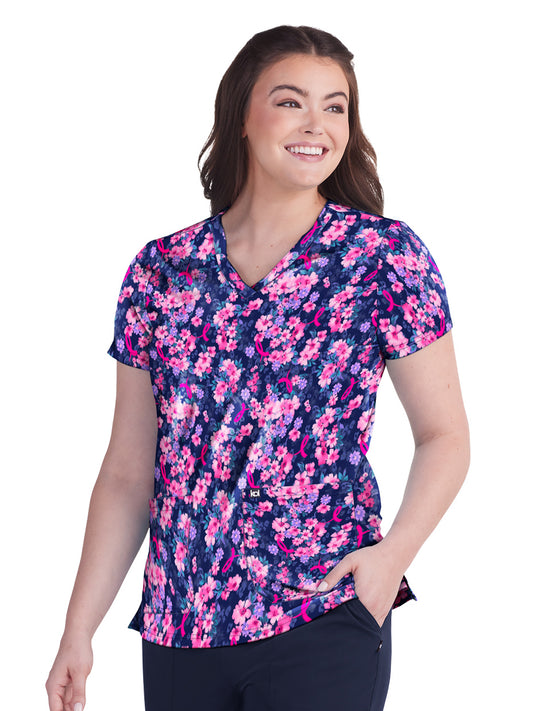 Women's 2-Pocket Breast Cancer Early Energy Top - 1029PRM - BCRF Sweet Blossom