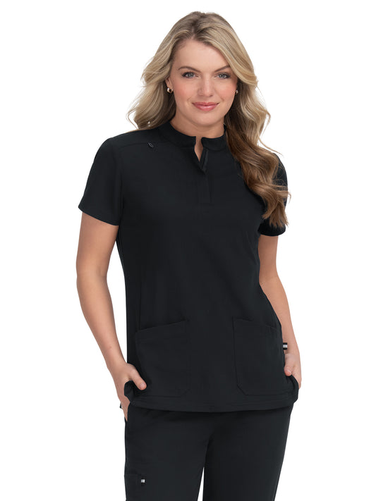 Women's 4-Pocket Zipper-Neck Mandarin Collar Driven Top - 1081 - Black