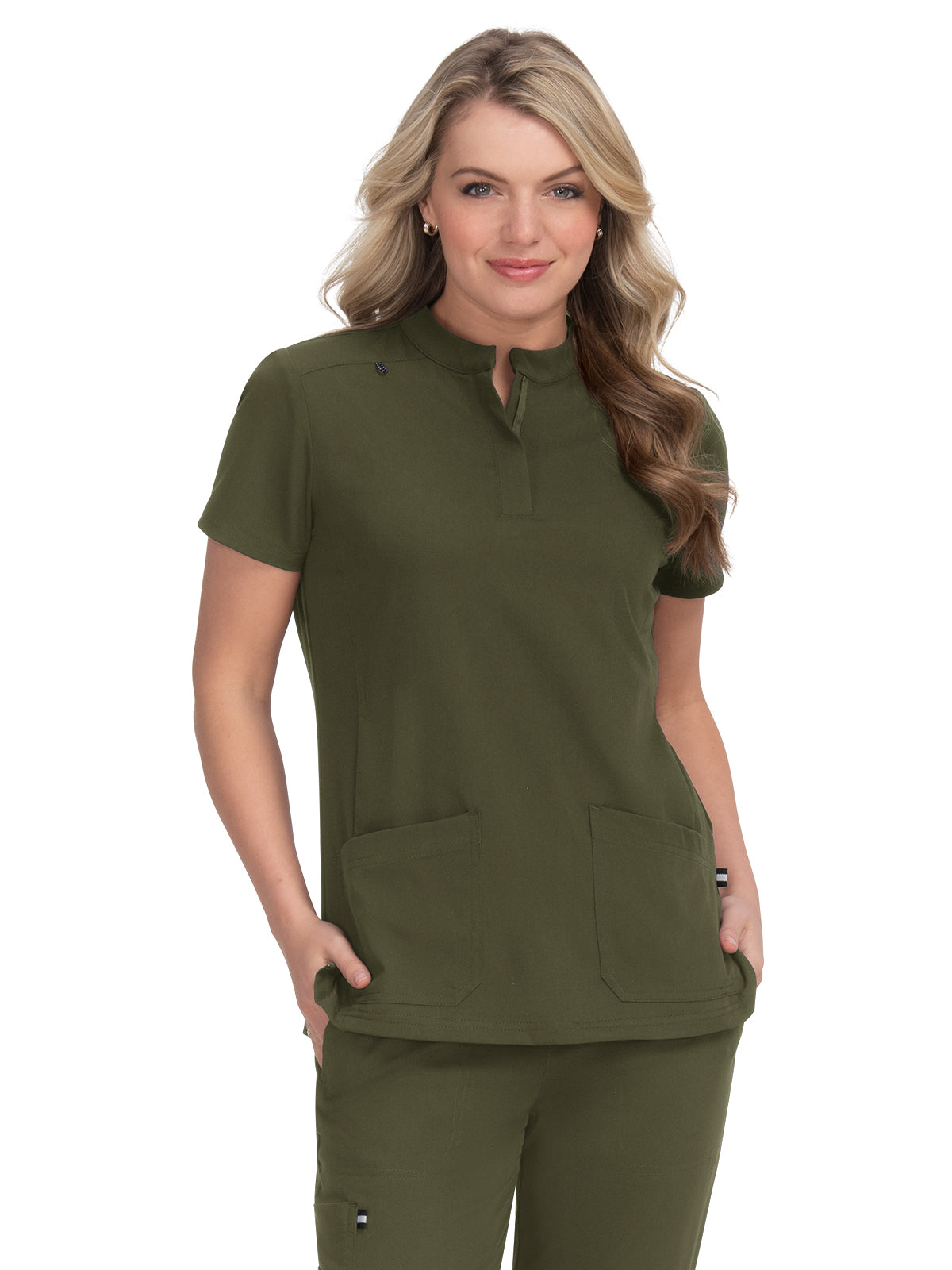 Women's 4-Pocket Zipper-Neck Mandarin Collar Driven Top - 1081 - Olive Green
