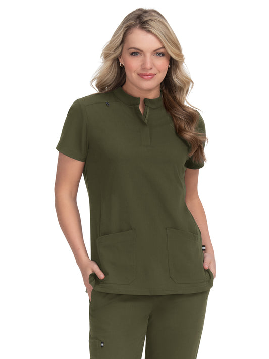 Women's 4-Pocket Zipper-Neck Mandarin Collar Driven Top - 1081 - Olive Green