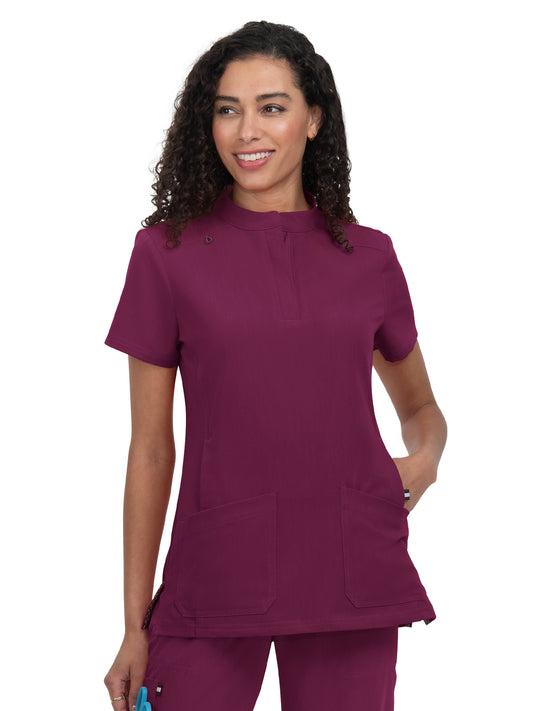 Women's 4-Pocket Zipper-Neck Mandarin Collar Driven Top - 1081 - Wine