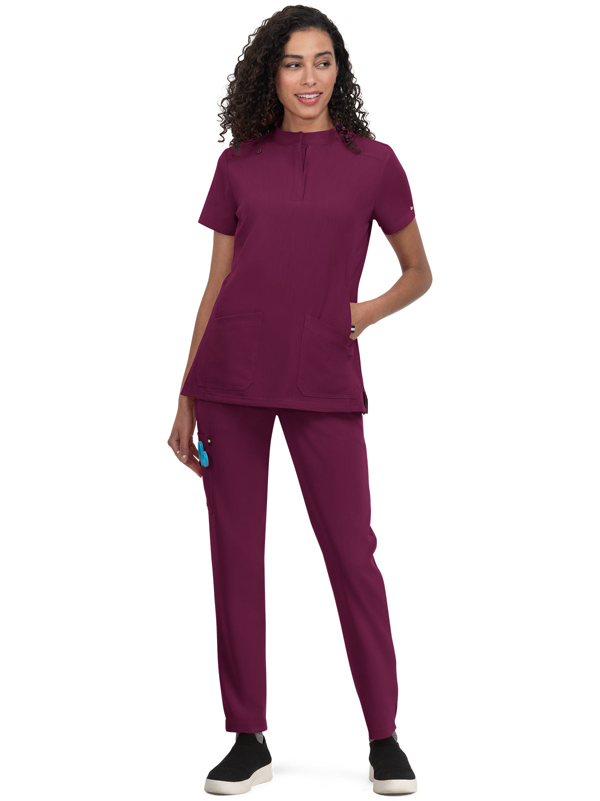 Women's 4-Pocket Zipper-Neck Mandarin Collar Driven Top - 1081 - Wine