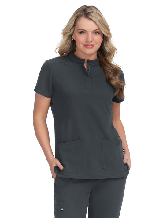 Women's 4-Pocket Zipper-Neck Mandarin Collar Driven Top - 1081 - Charcoal