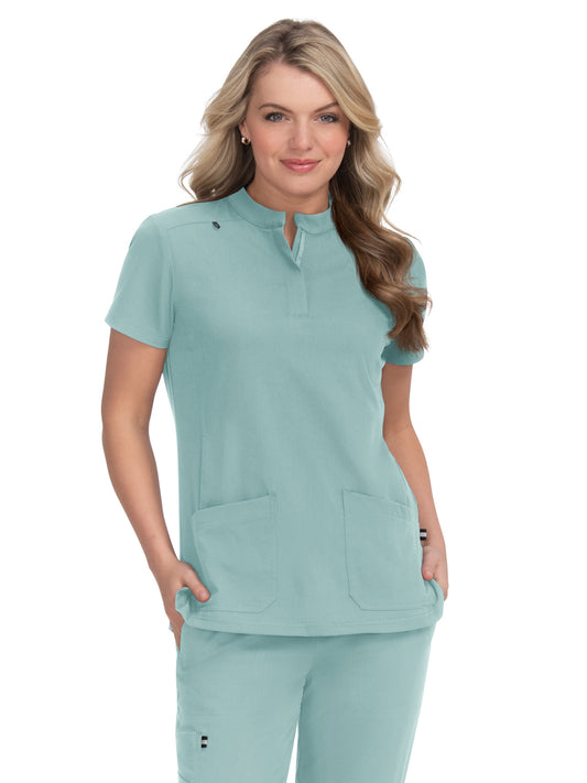 Women's 4-Pocket Zipper-Neck Mandarin Collar Driven Top - 1081 - Sage