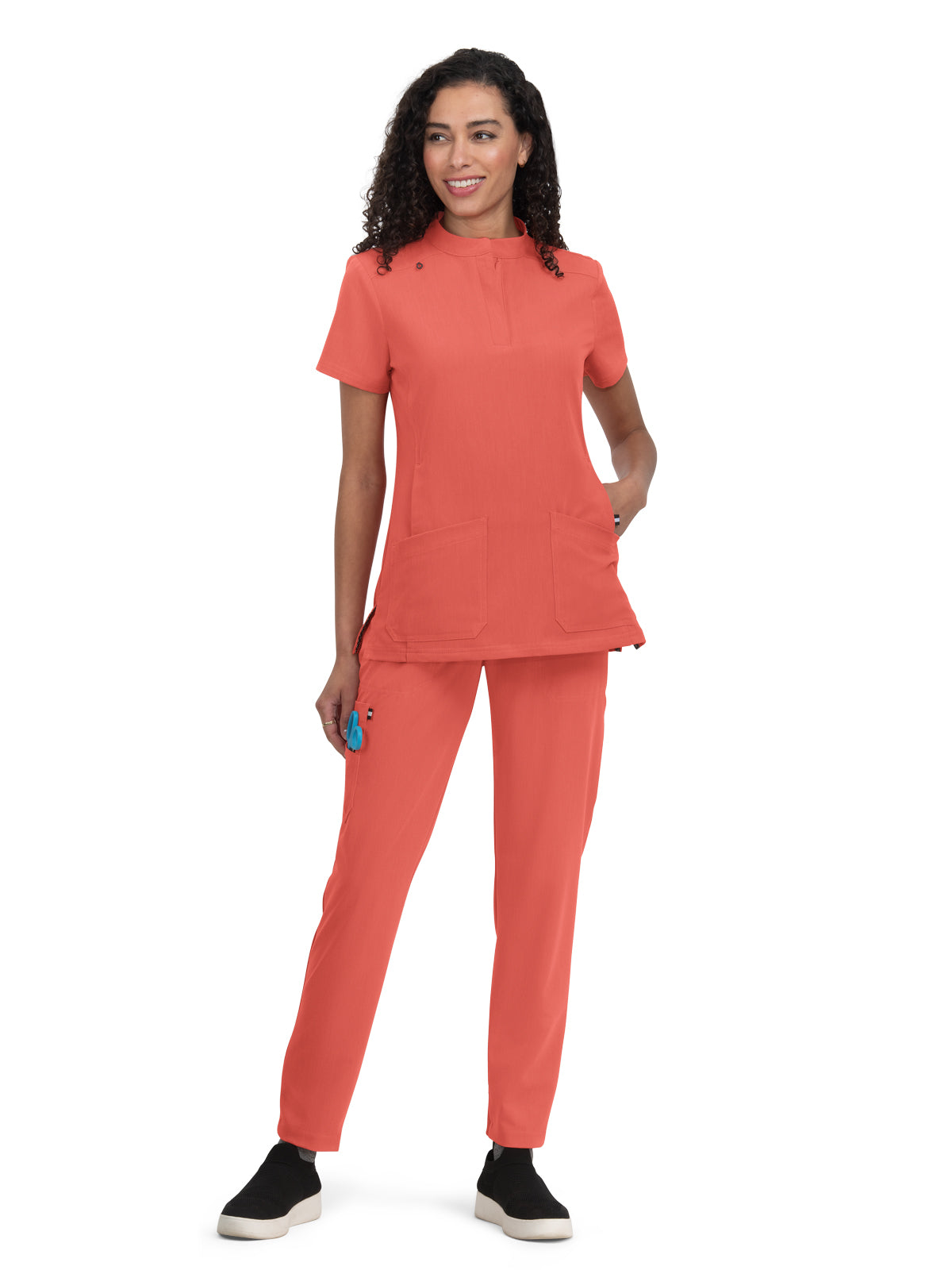 Women's 4-Pocket Zipper-Neck Mandarin Collar Driven Top - 1081 - Heather Coral