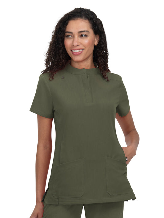 Women's 4-Pocket Zipper-Neck Mandarin Collar Driven Top - 1081 - Heather Olive