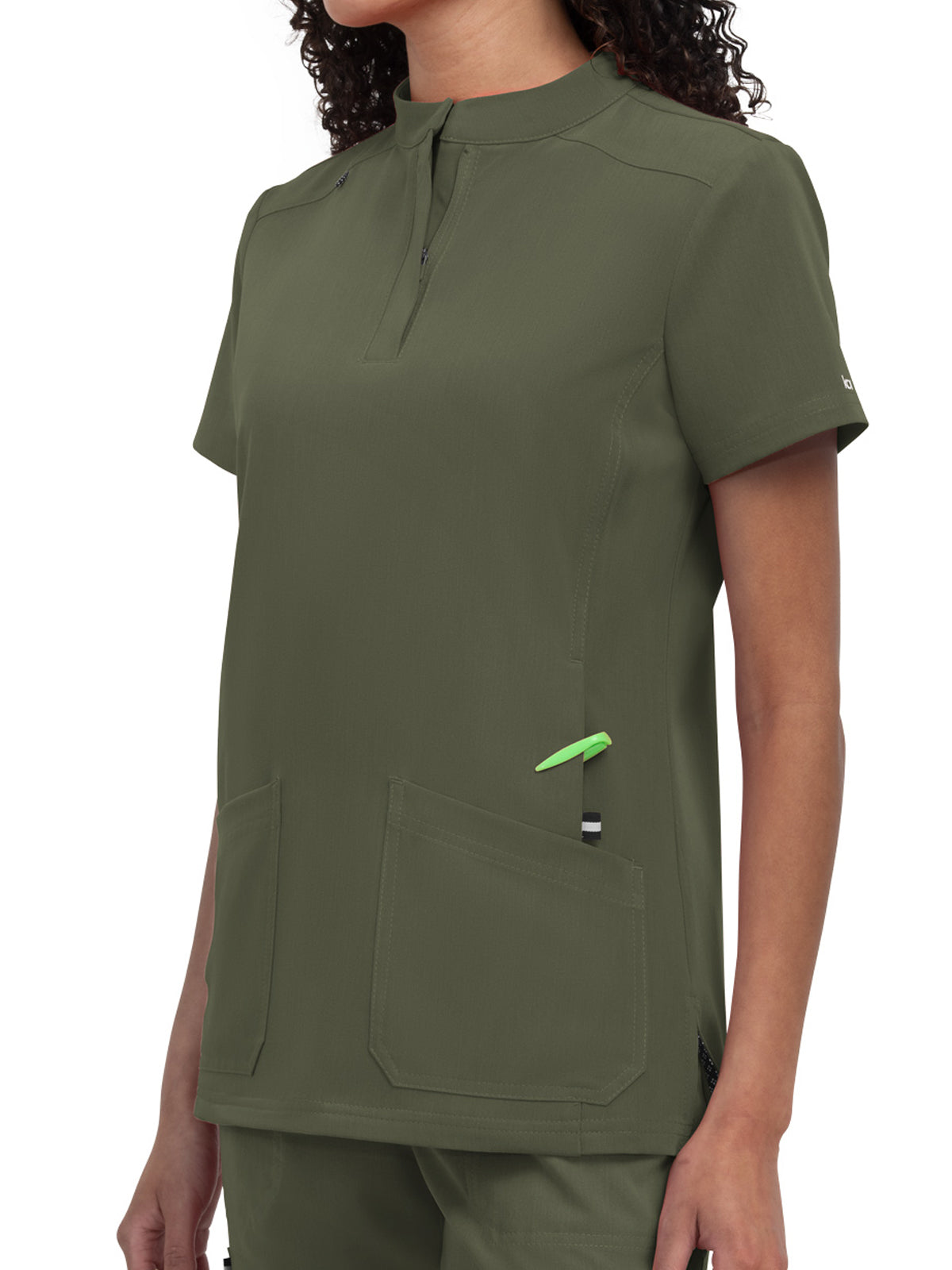 Women's 4-Pocket Zipper-Neck Mandarin Collar Driven Top - 1081 - Heather Olive