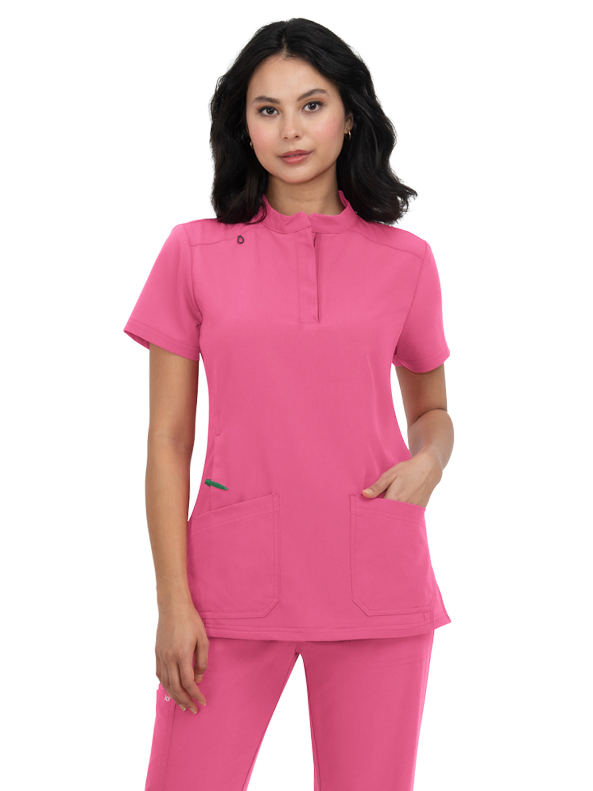 Women's 4-Pocket Zipper-Neck Mandarin Collar Driven Top - 1081 - Geranium