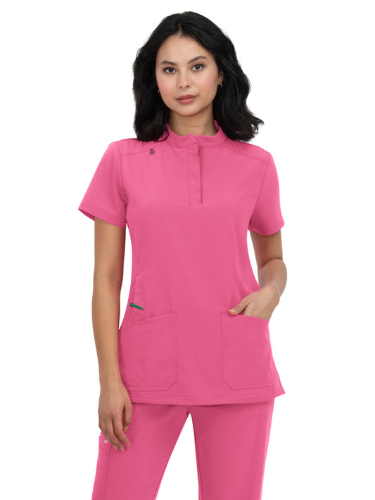 Women's 4-Pocket Zipper-Neck Mandarin Collar Driven Top - 1081 - Geranium