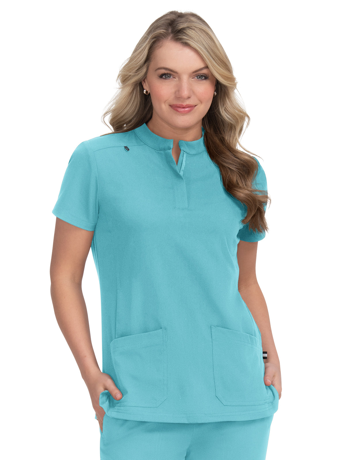 Women's 4-Pocket Zipper-Neck Mandarin Collar Driven Top - 1081 - Sea Glass