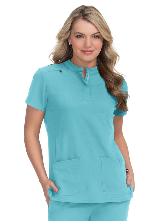 Women's 4-Pocket Zipper-Neck Mandarin Collar Driven Top - 1081 - Sea Glass