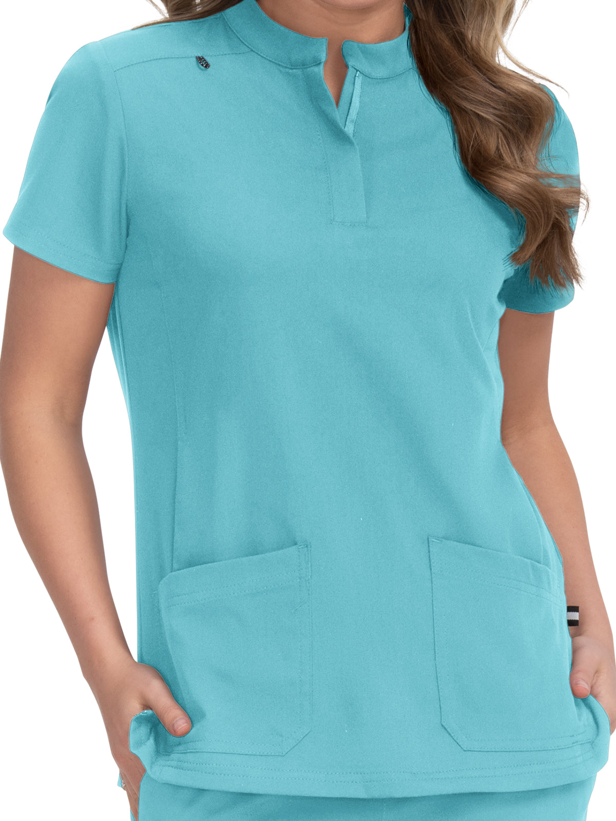 Women's 4-Pocket Zipper-Neck Mandarin Collar Driven Top - 1081 - Sea Glass