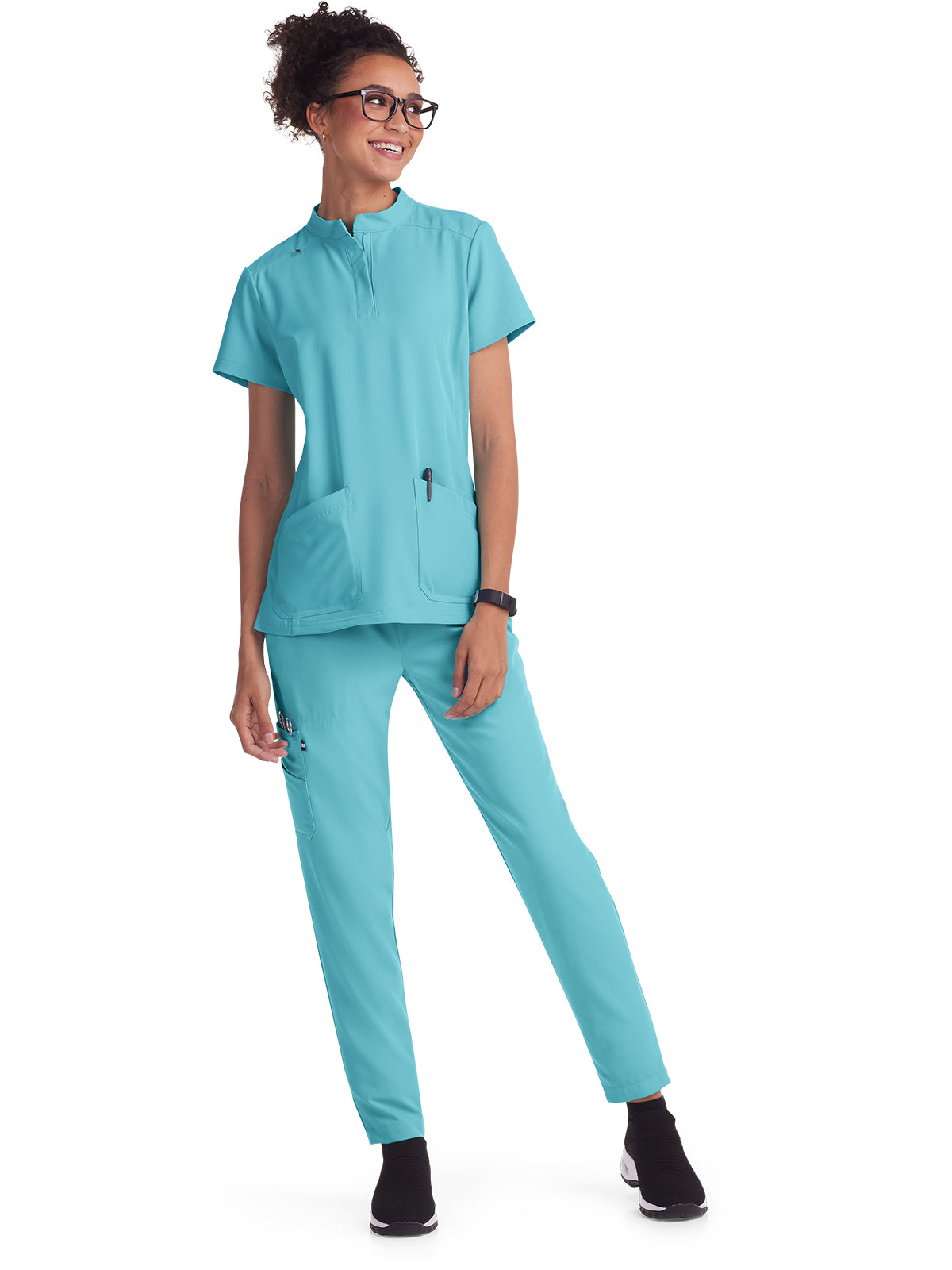 Women's 4-Pocket Zipper-Neck Mandarin Collar Driven Top - 1081 - Sea Glass