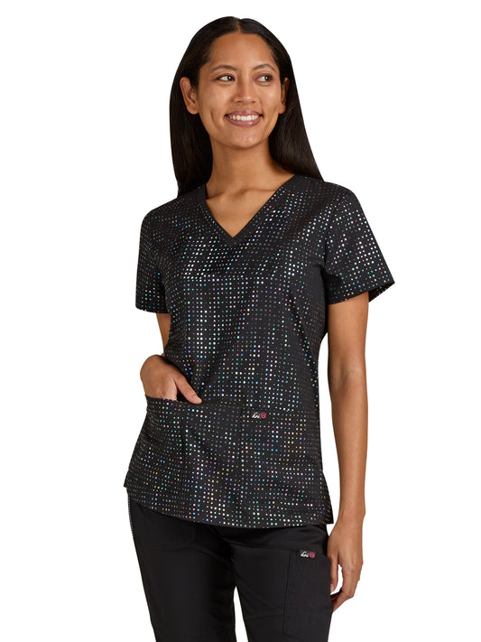 Women's 2-Pocket Stretch Print Velora Top - 1082PR - Iridescent Black