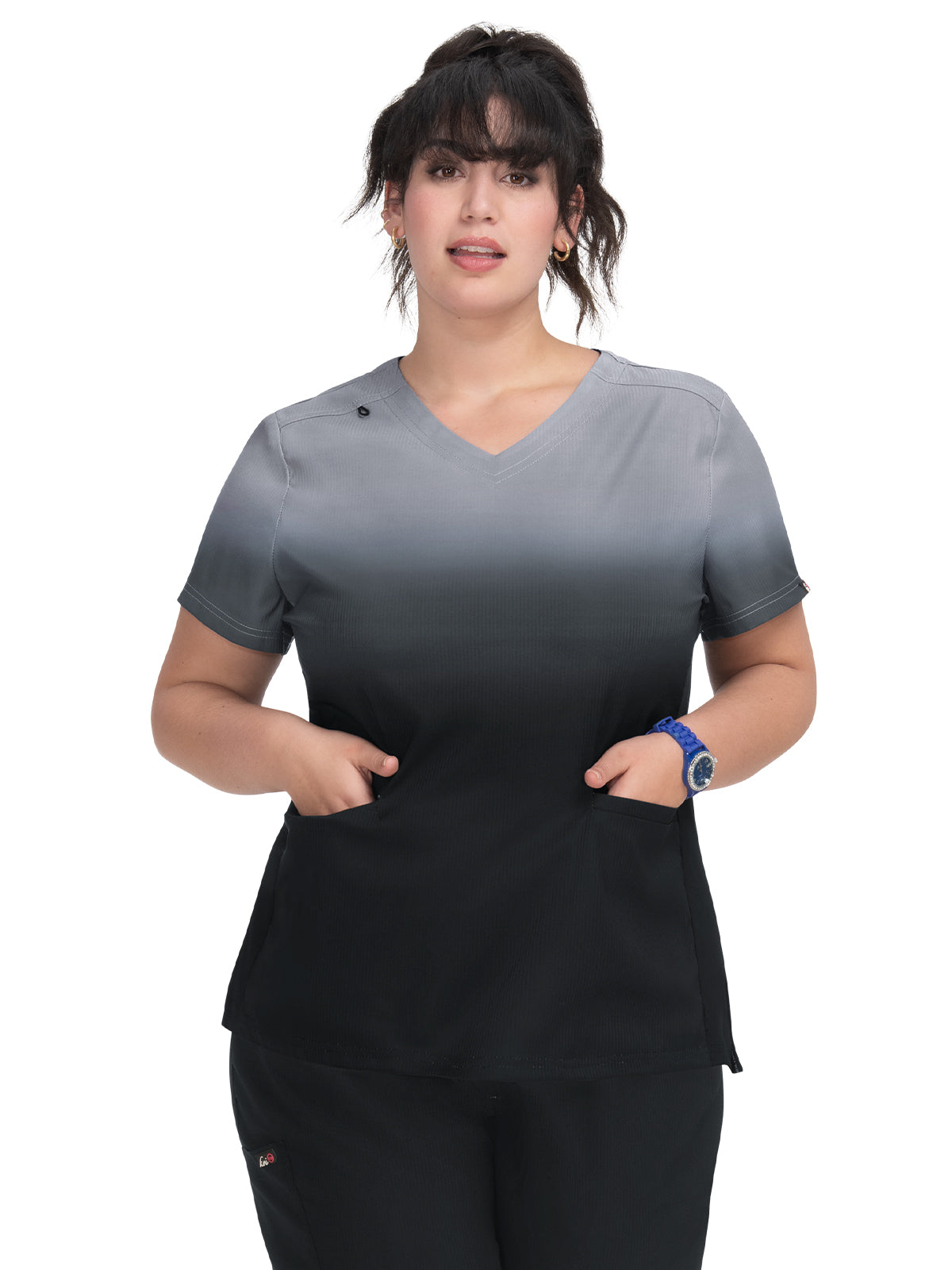 Women's 2-Pocket V-Neck Ombre Print Reclaim Top - 1088PLM - Platinum Grey/Black Ombre