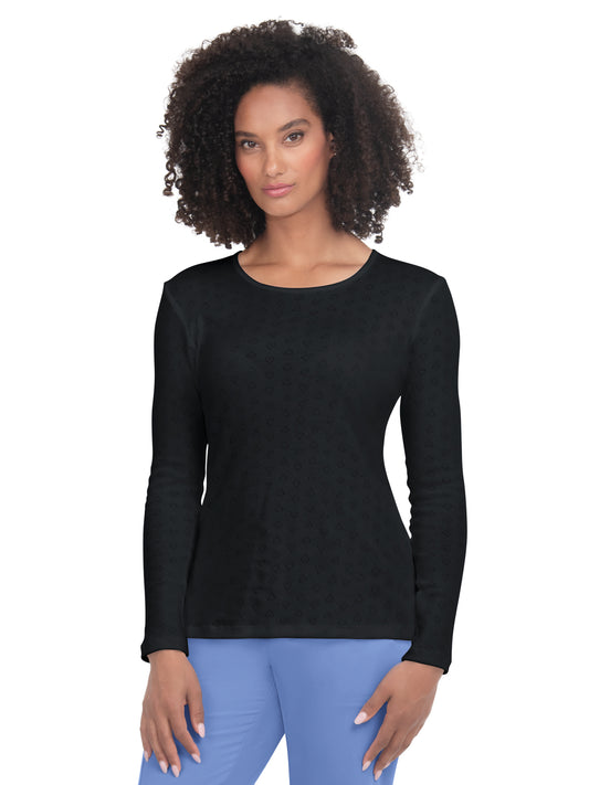 Women's Heart Pointelle Long-Sleeve Rohan Underscrub Tee - 1110 - Heart Pointelle Black