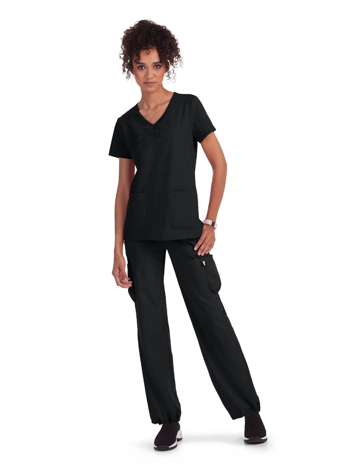 Women's Shirred Chest V-Neck Enik Top - 1121 - Black