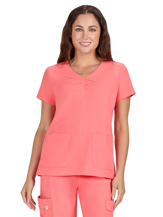 Women's Shirred Chest V-Neck Enik Top - 1121 - Sunset Coral
