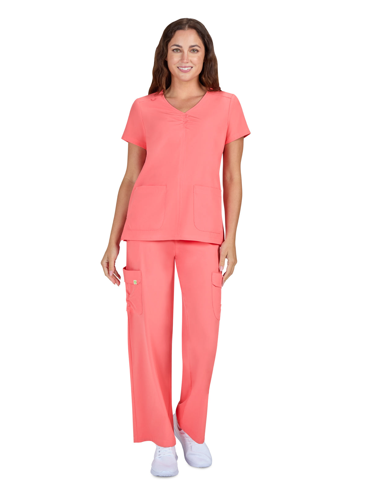 Women's Shirred Chest V-Neck Enik Top - 1121 - Sunset Coral