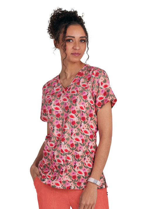 Women's 3-Pocket Print Rosalie Top - 1122PRA - Flamingo and Flowers