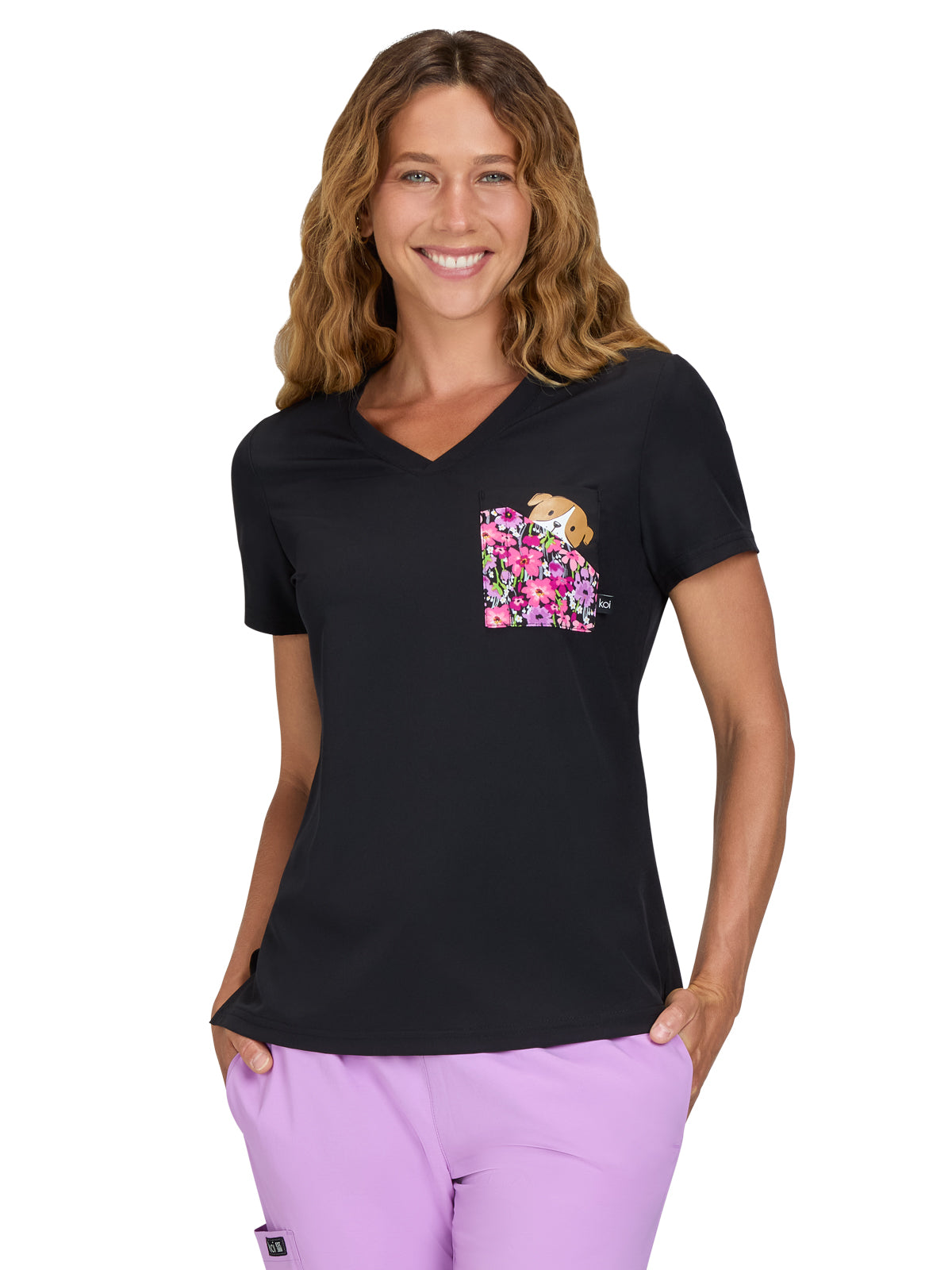 Women's Chest Pocket Print V-Neck Nixie Placement Top - 1128PLM - Black