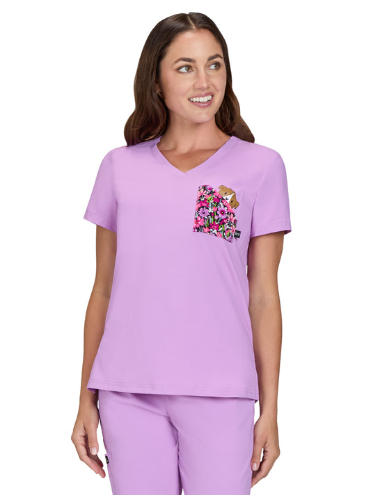 Women's Chest Pocket Print V-Neck Nixie Placement Top